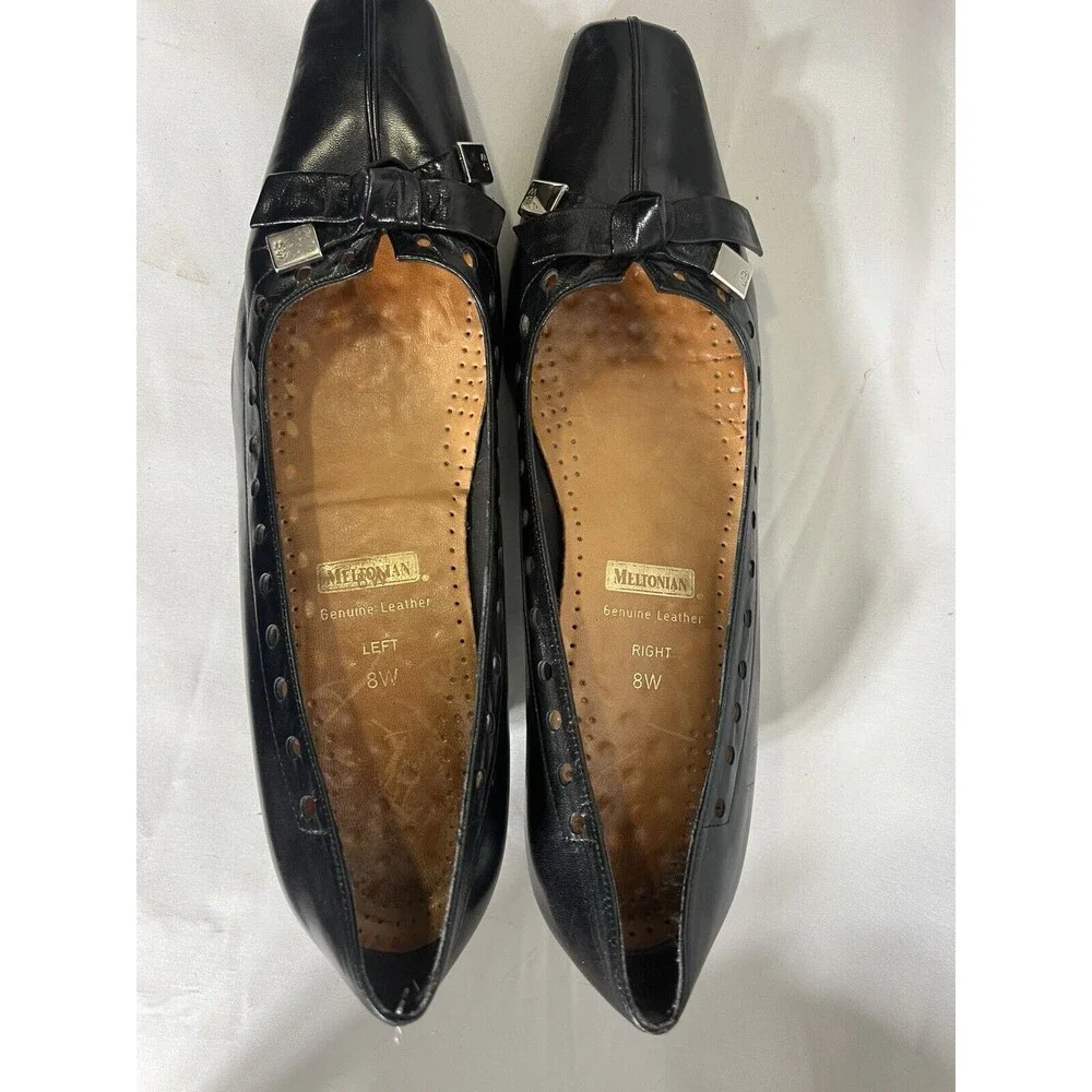 Meltonian Woman's Black Leather Kitten Heeled Shoe 8W Office Work Academia